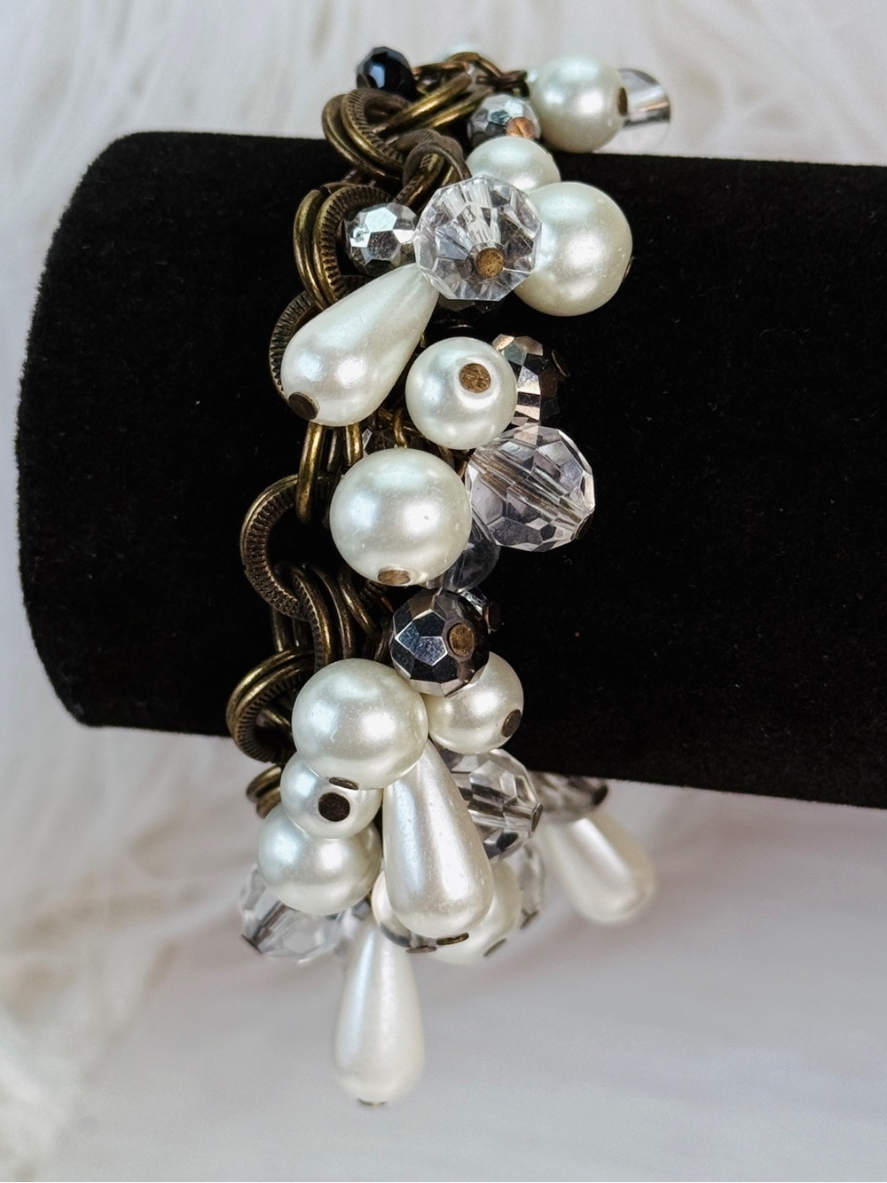 Aged Brasstone Faux Pearl Beaded Charm Bracelet